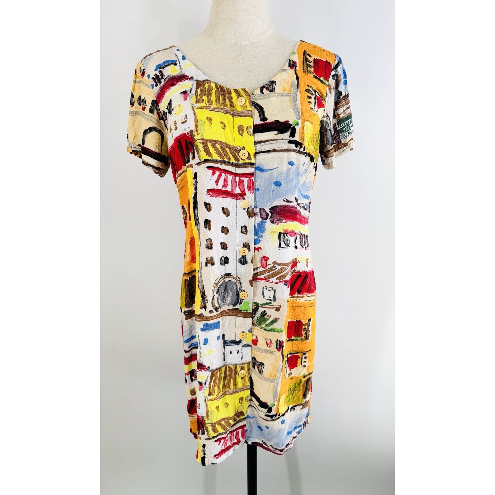 Jams World Dress Vintage Abstract City Shapes 90’s Button Front Mini Art To Wear
