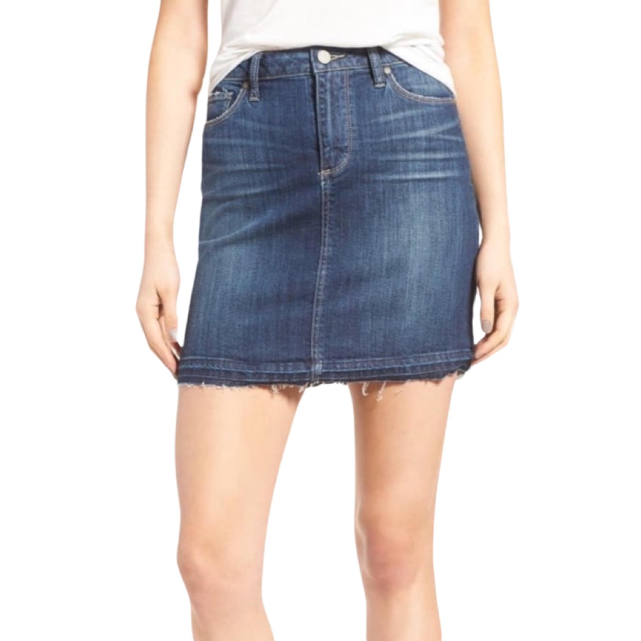 NWOT Paige Denim Jean Mini Skirt Raw Hem Semi Distressed Medium Wash Size 26