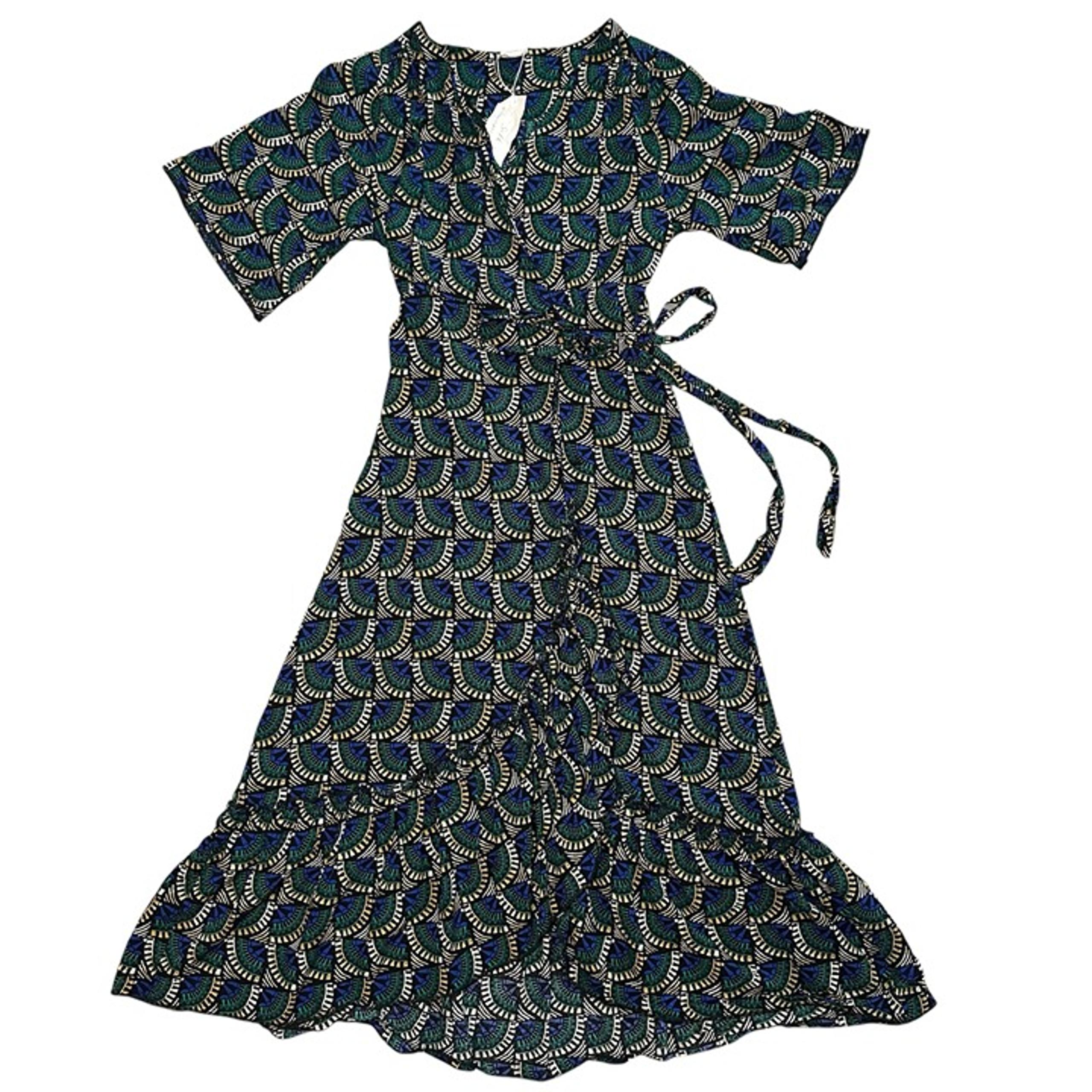 Silk&Salt Maxi Wrap Dress Women Sz S Green African Peacock Print Resortwear NEW