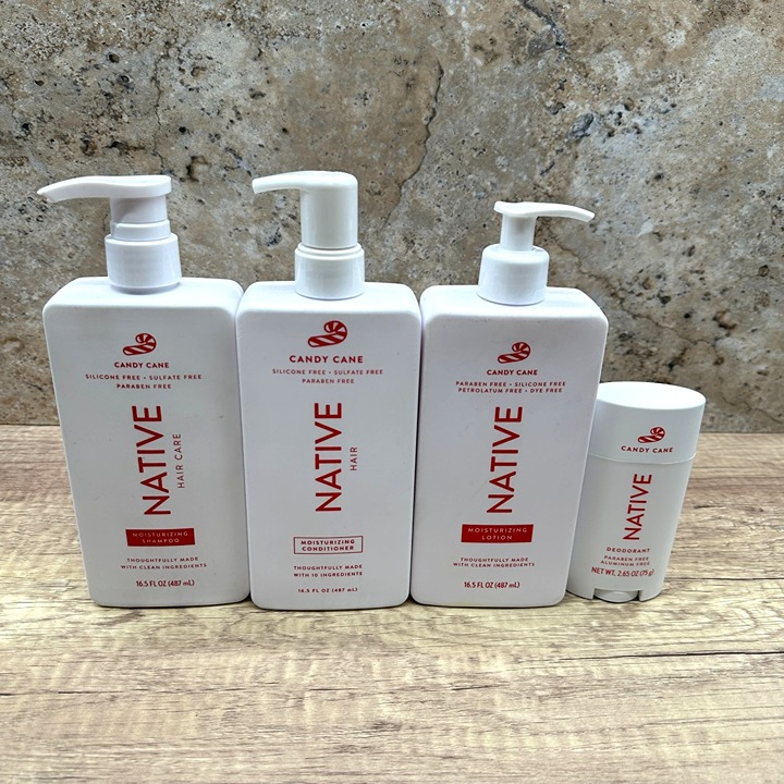 Bundle Of Native Candy Cane Shampoo, Conditioner, Lotion, Deodorant Paraben Free