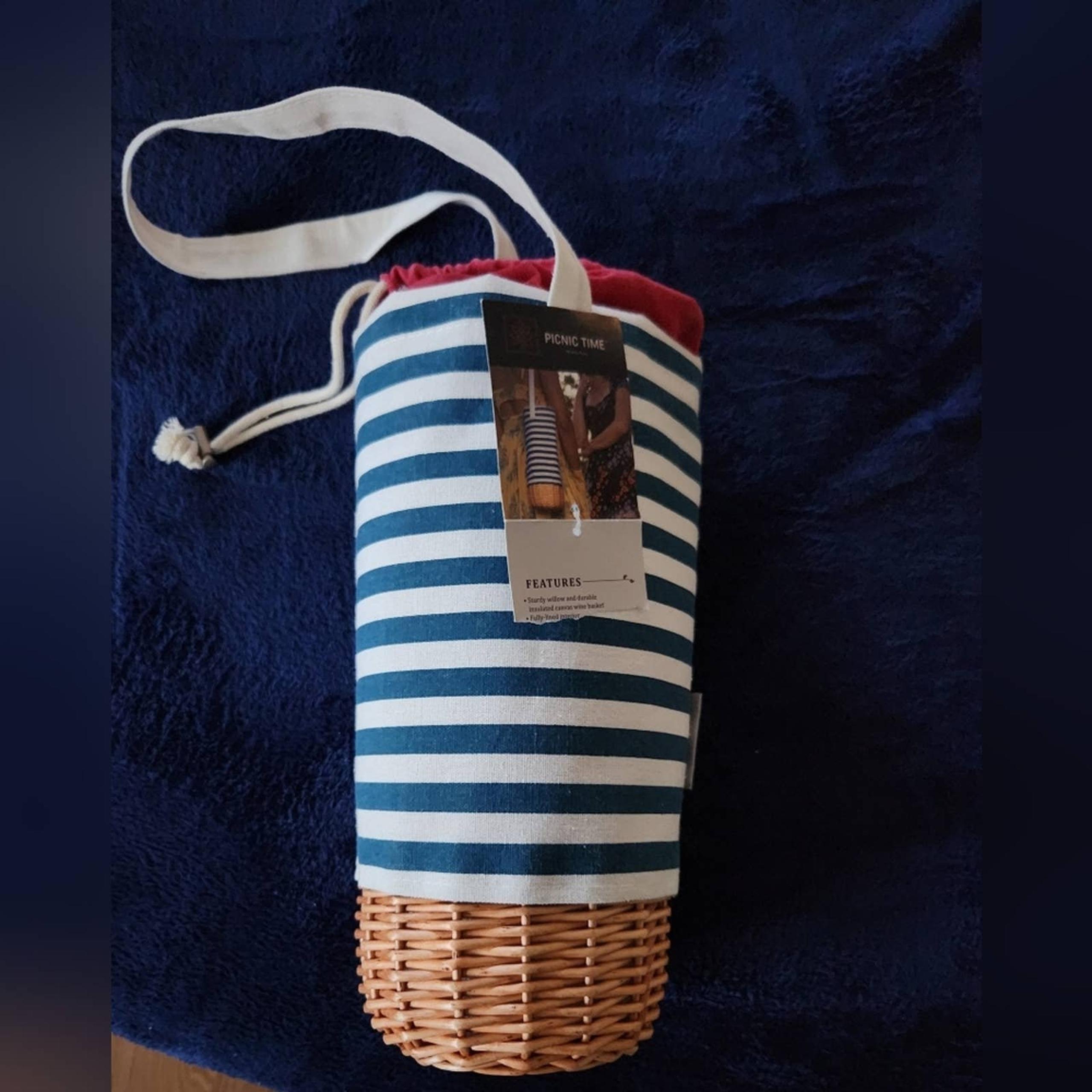 Picnic Time New White and Blue Striped Wine Bottle Basket NWT