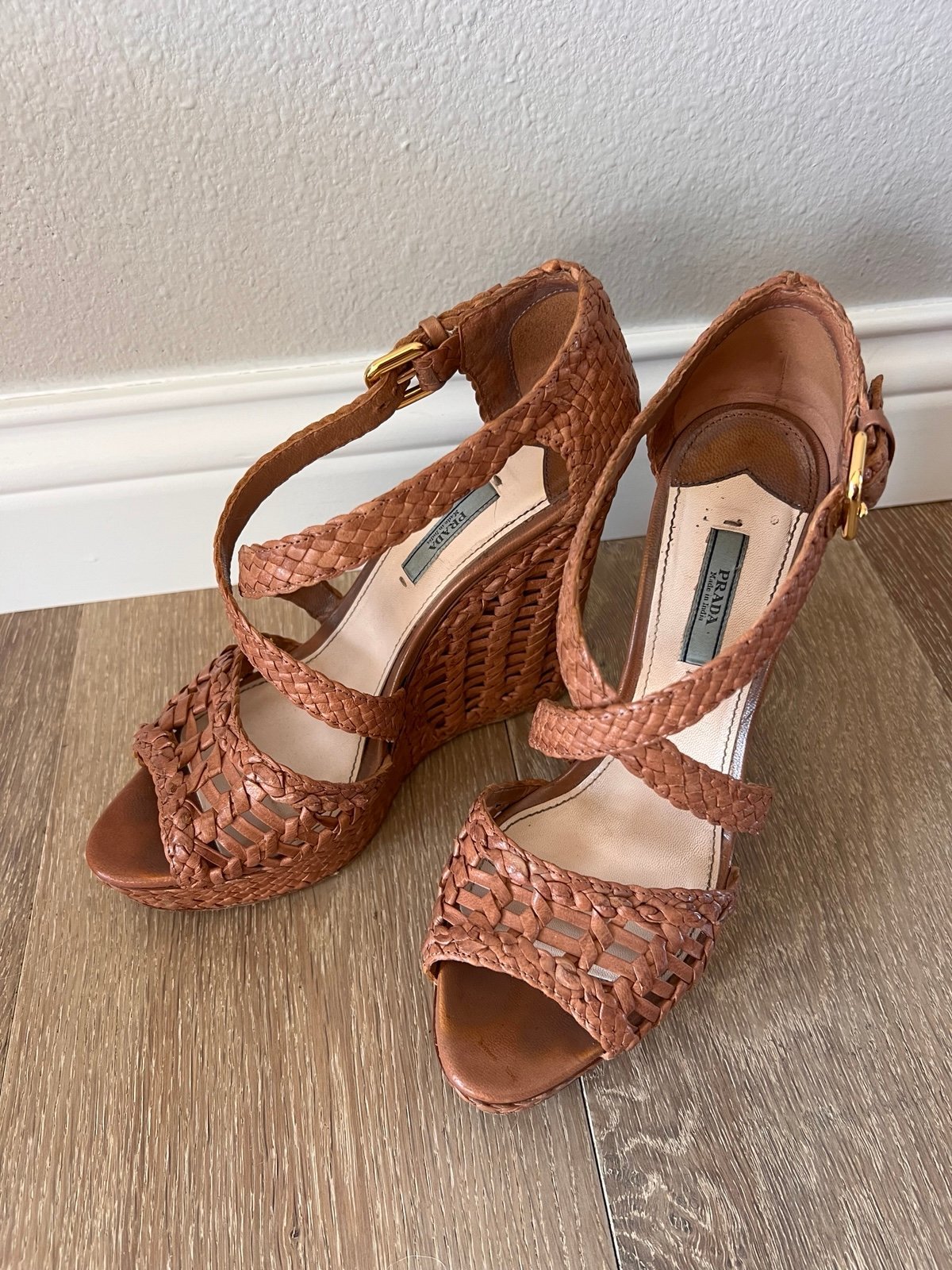 Prada Woven Leather Platform Wedge Sandals Tan 8.5 39.5