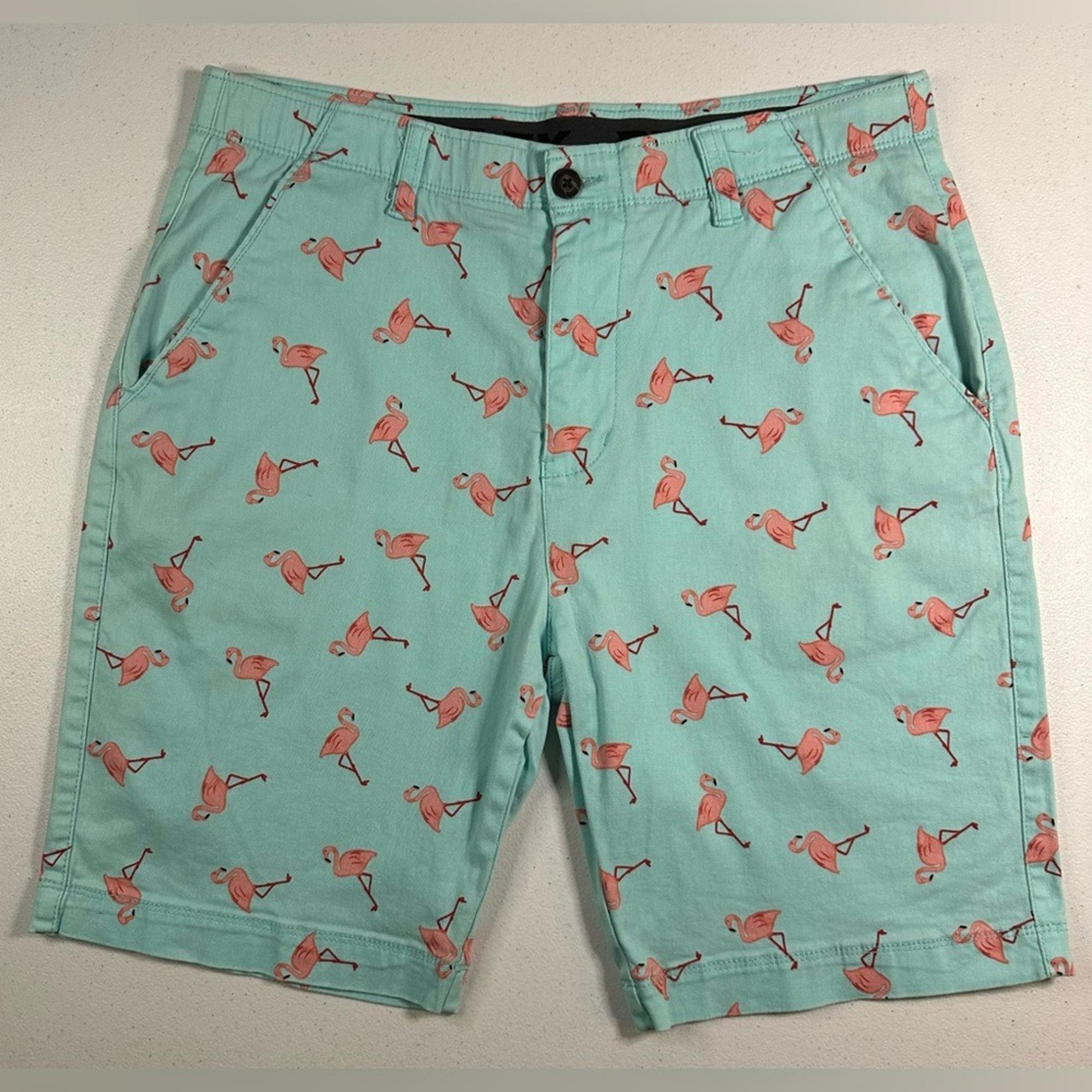 PLUGG FLEX Men's Turquoise With Flamingo Print Chino Shorts Sz 34