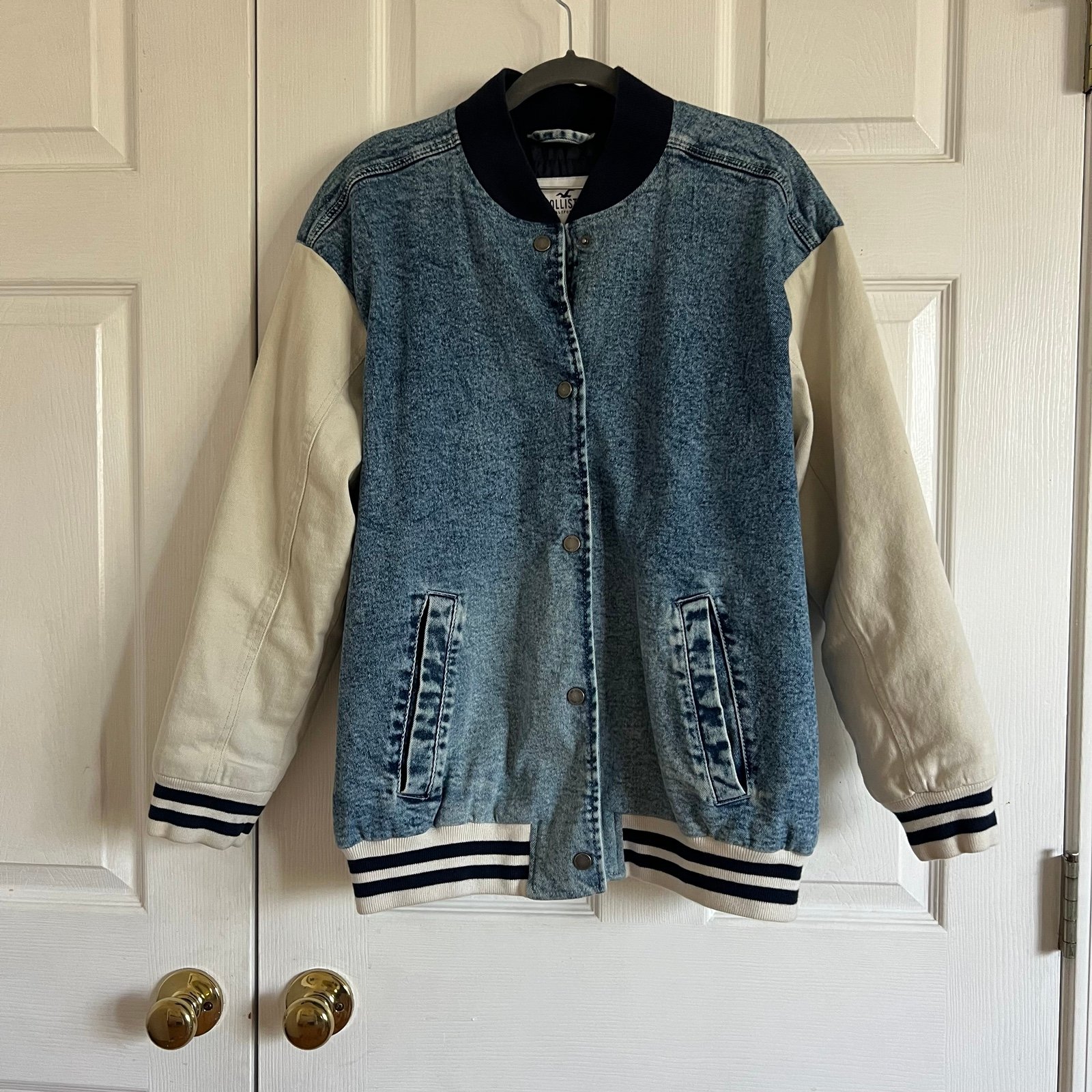 HOLLISTER Oversized Denim and Cream Varsity Jacket