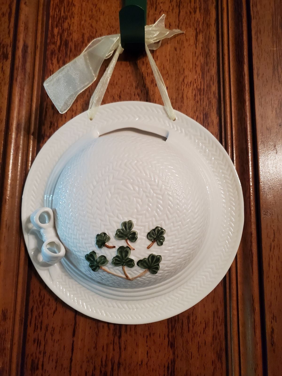 Ceramic St Patrick's Day Shamrock Hat Basket Decor~Irish Container