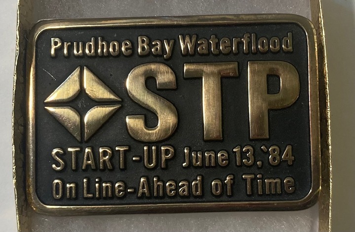 Vintage 1984 Metal Belt Buckle, Brass, Prudhoe Bay Waterflood, STP, On Line
