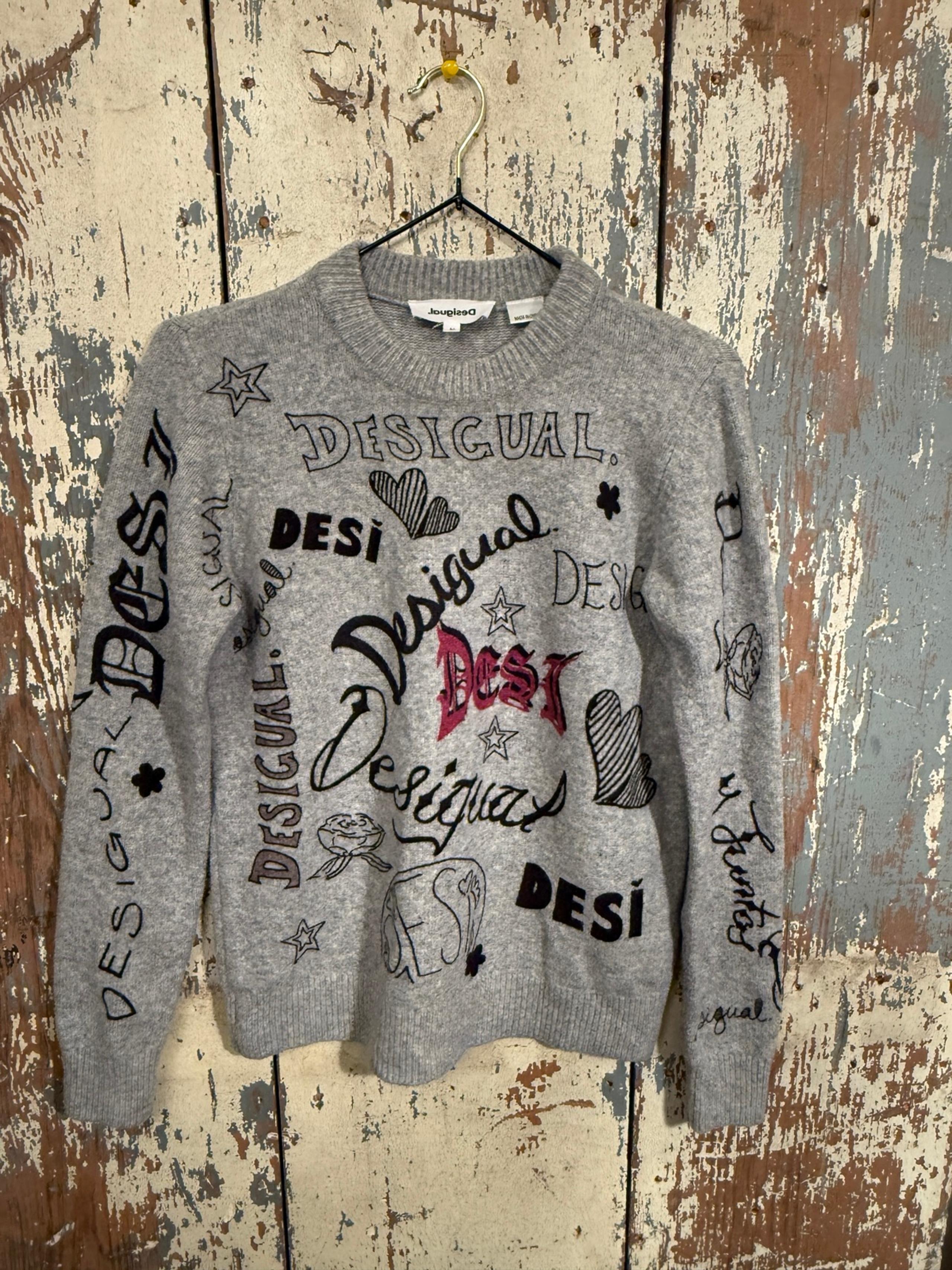 Unique Desigual Logo crewneck sweater, gray, medium