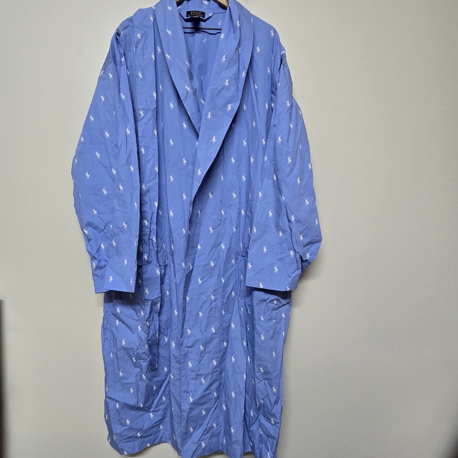 Men's Polo Ralph Lauren All Over Polo Pony Player Robe Blue Cotton Belted L/XL