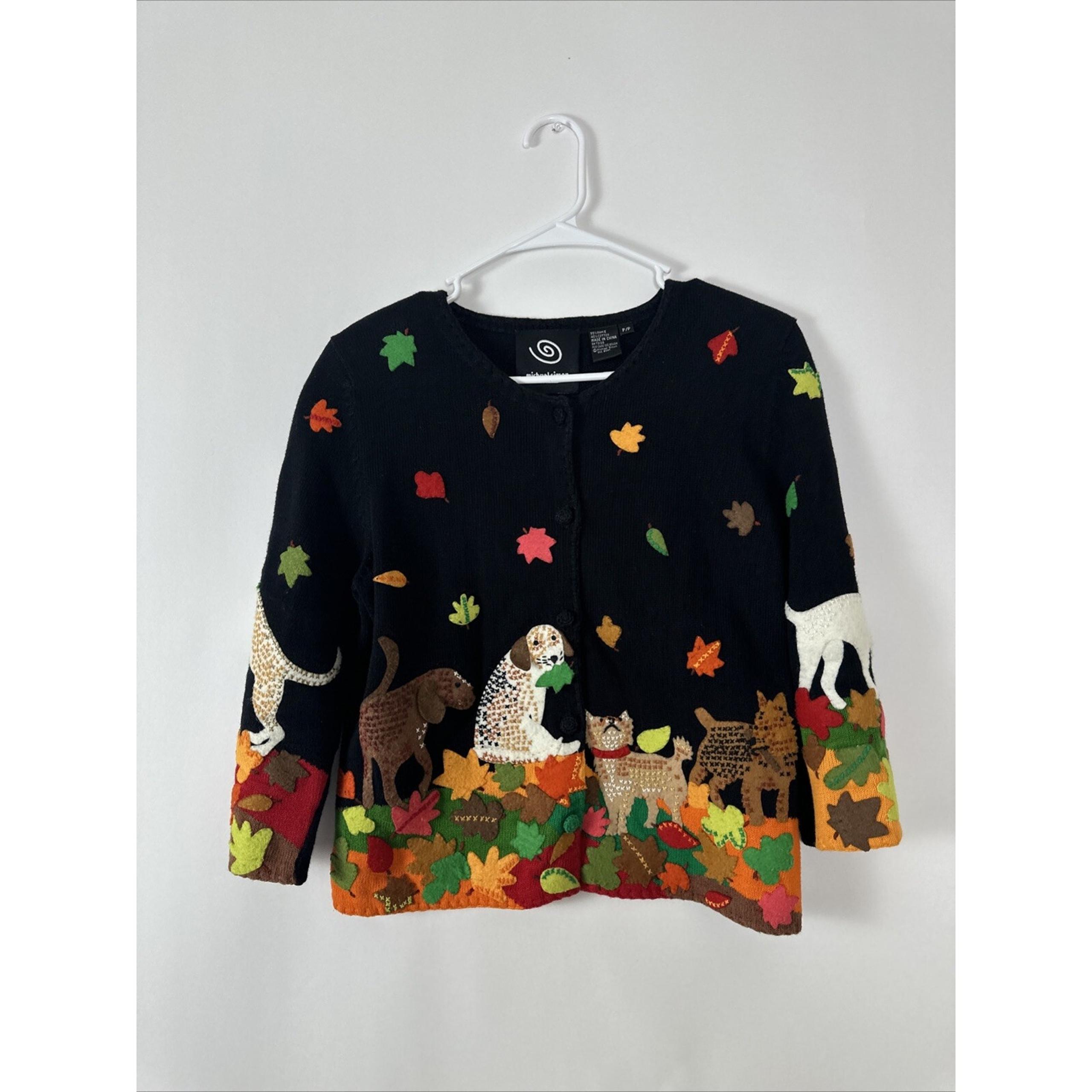 VTG Michael Simon Event Womens Sweater Dogs Autumn Leaves Cardigan Rare Sz P/P