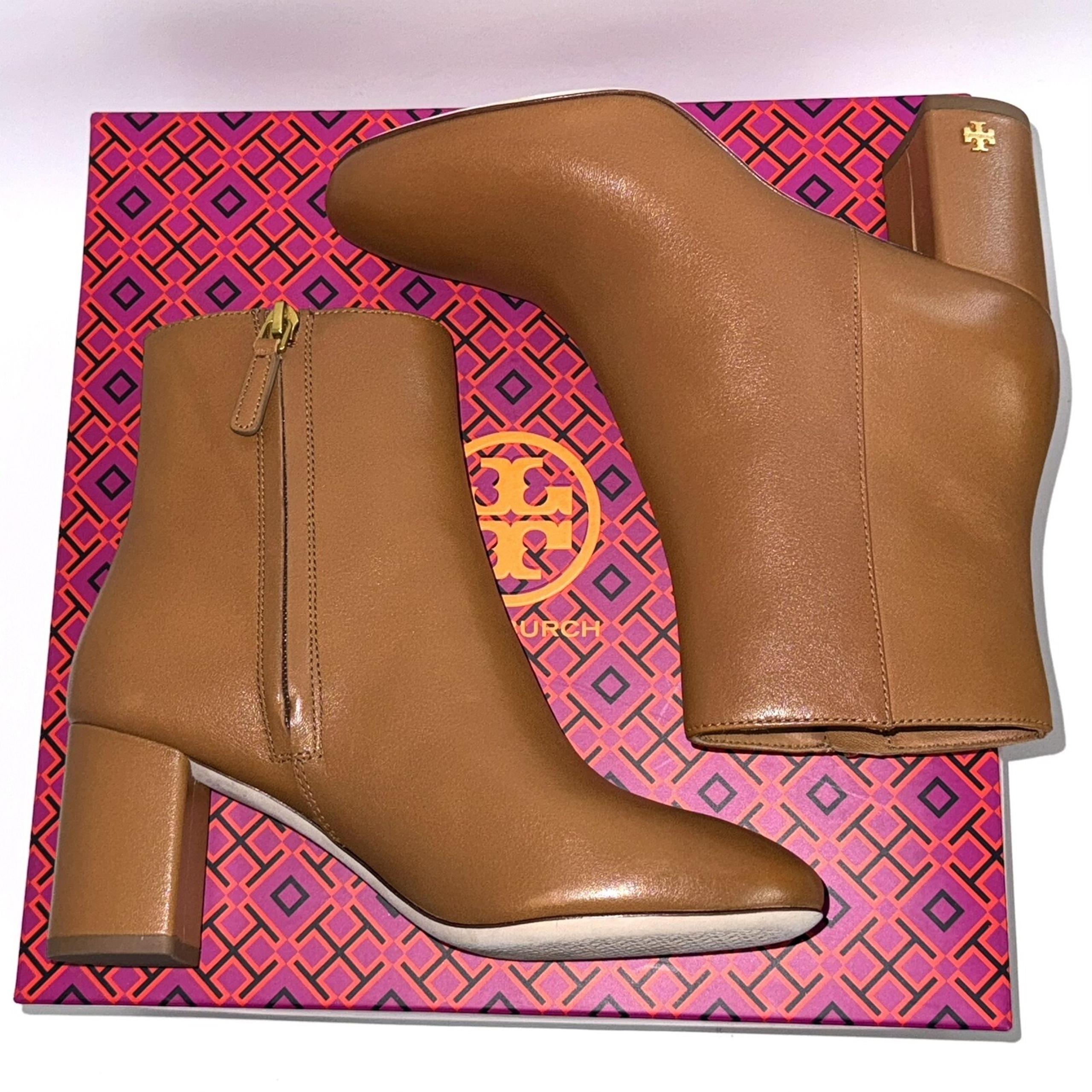 Tory Burch Women's Brooke Bootie Ankle Boots 70MM Round Toe Leather Tan Brown 6