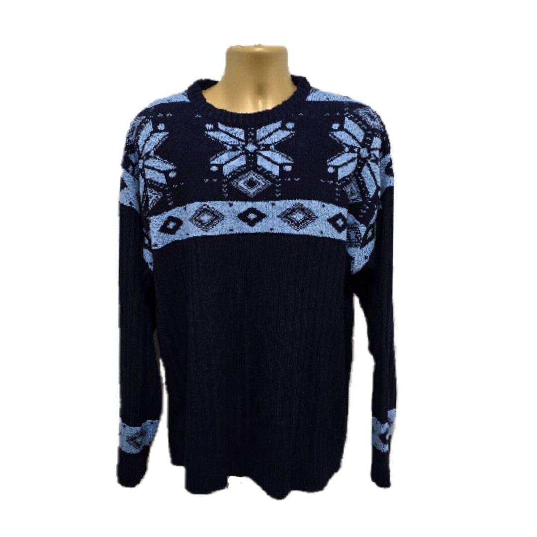 Vtg Bucker Sweater Mens XL Blue Winter Grandpa Alpine Nordic Skiing Scandi Y2K