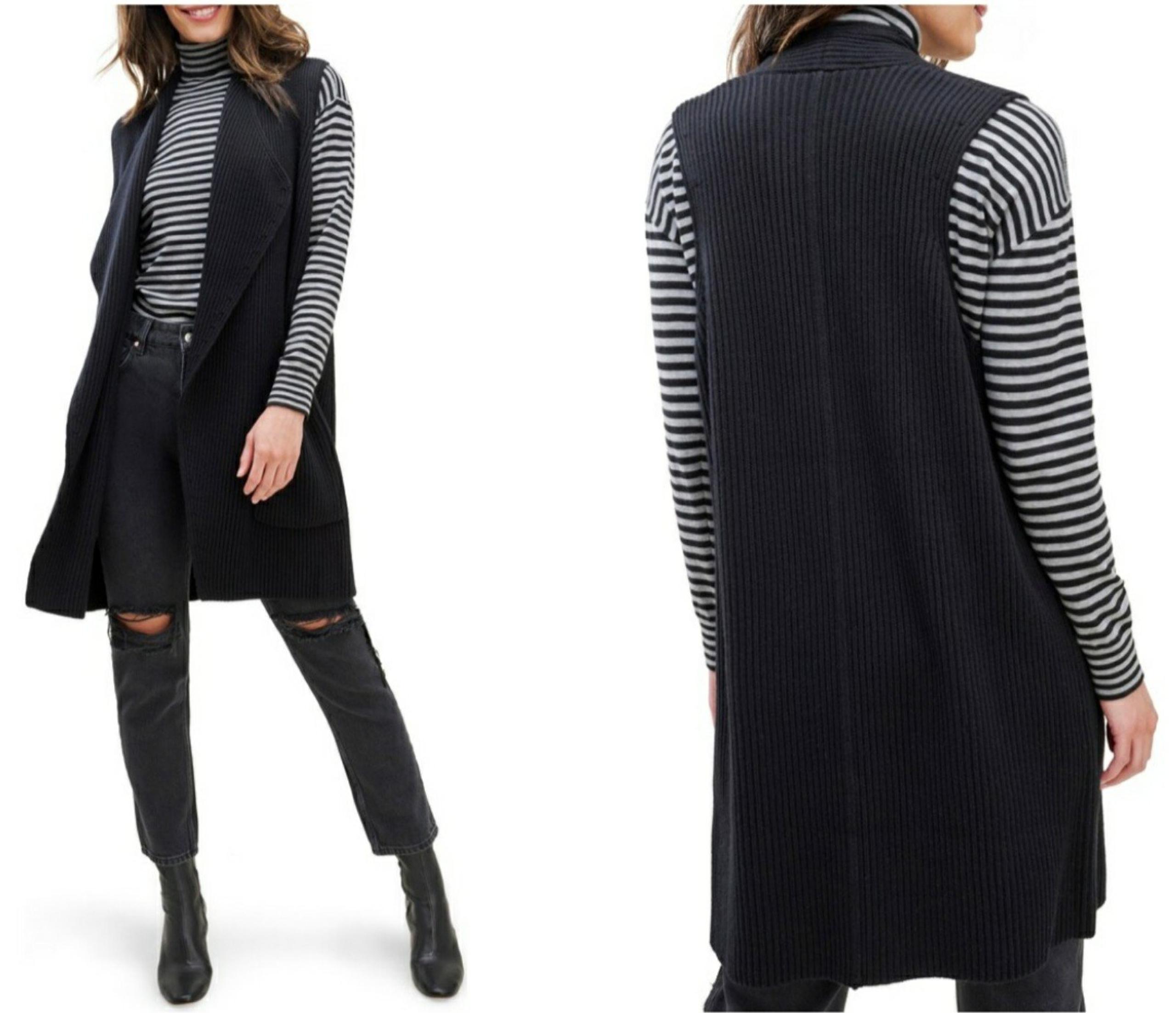Splendid Juliet Rib Open Front Sweater Vest in Black size small