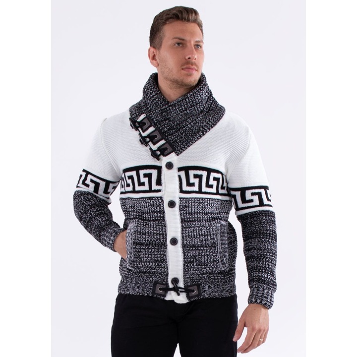 Bespoke Chunky Knit Greek Key Contrast Button Up Cotton Sweater White Men's MD