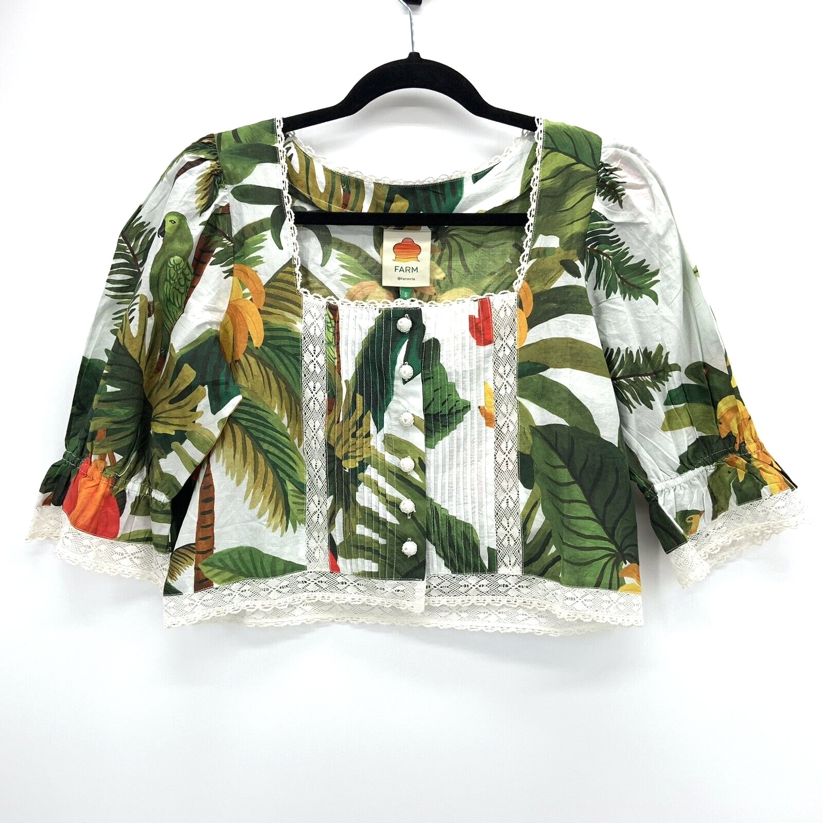 Farm Rio White Cocoa Forest Blouse Puff Sleeve Crochet Size S Leaves Crop NWT
