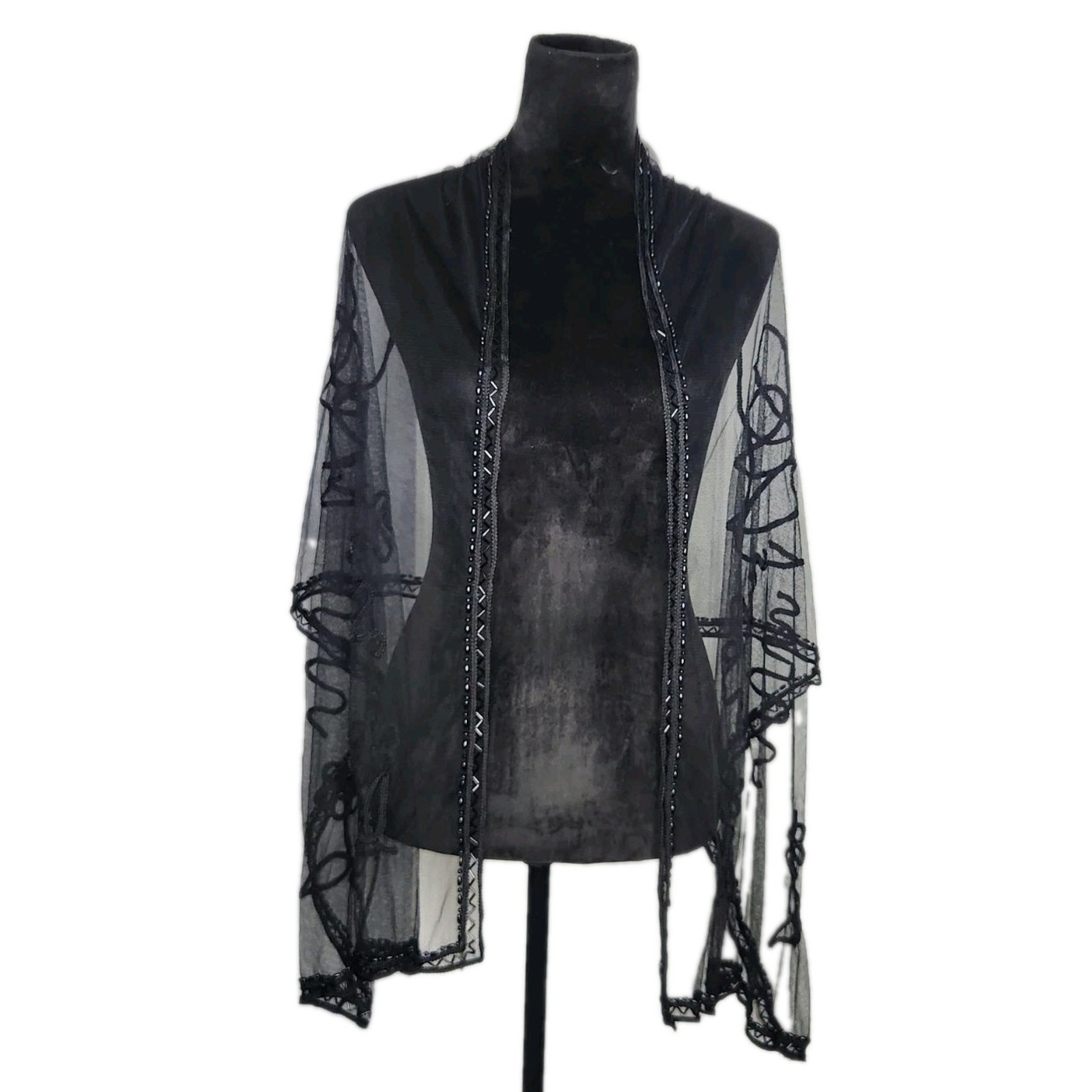 Vintage Unbranded Black Tulle Mesh Beaded Rectangle Scarf Wrap Shawl 20 ×68 Euc