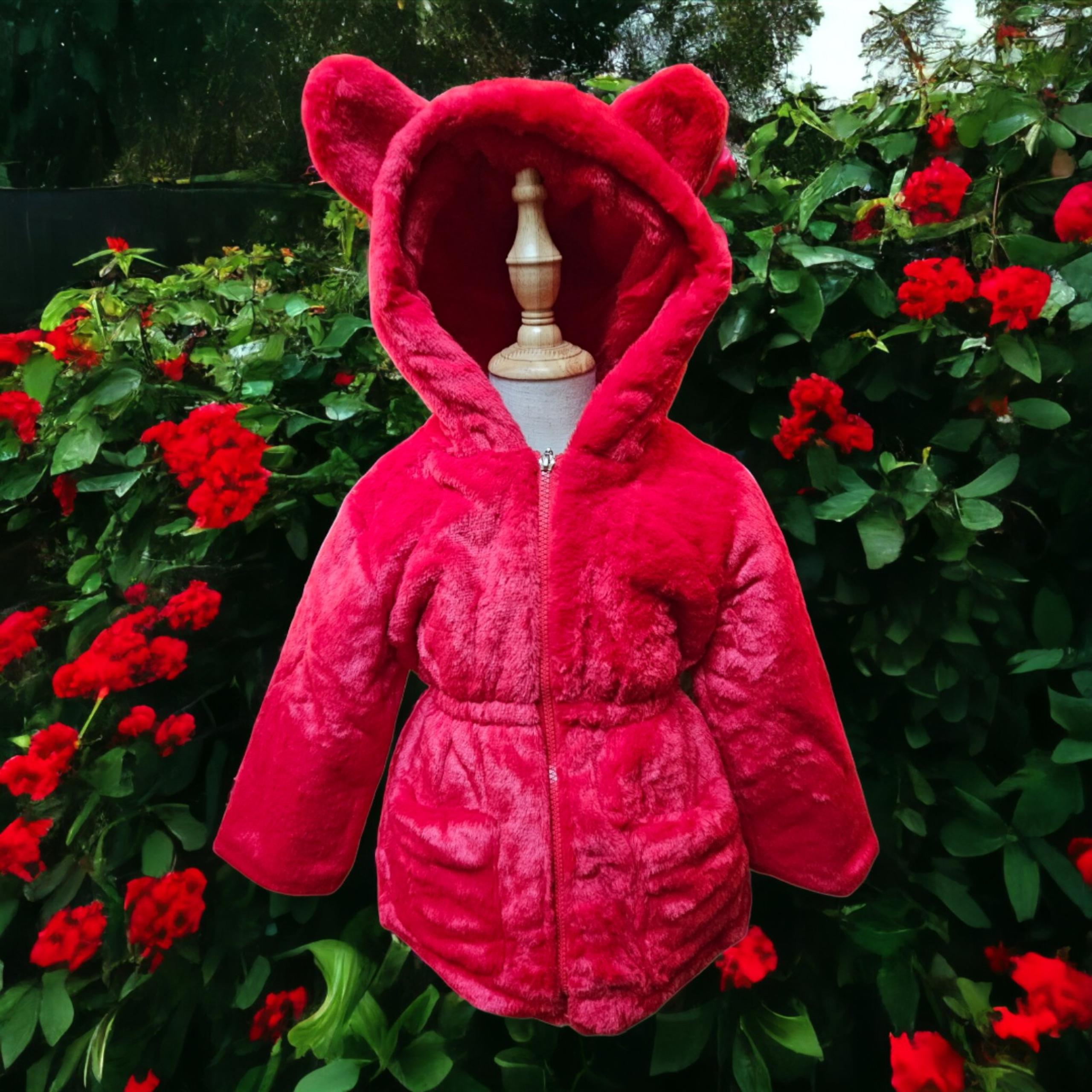 Red 5T Girls Super Plush Faux Fur Teddy Bear Ear Hooded Snuggly Warm Winter Coat