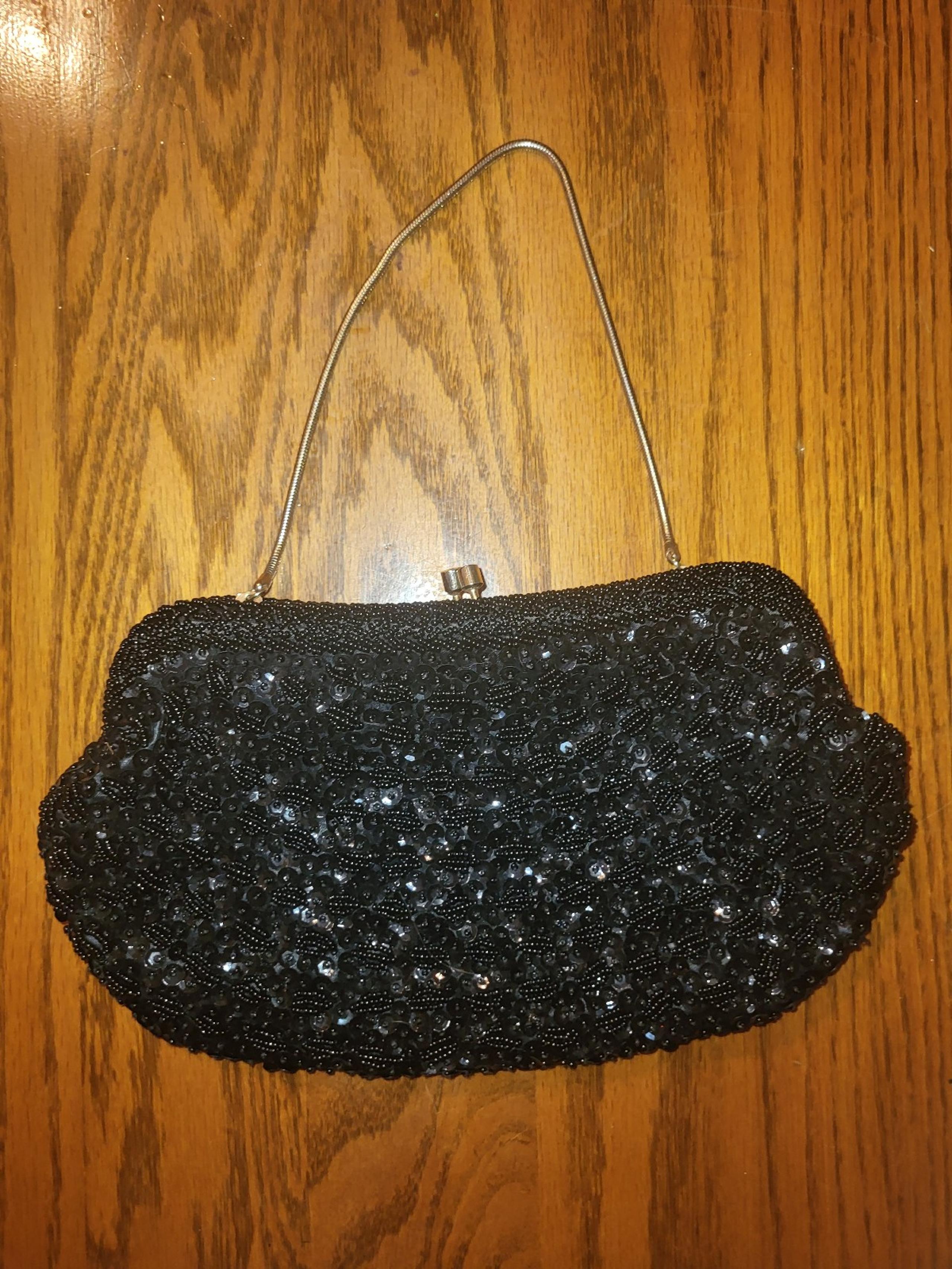 1950s Richere Bag By Walborg Black Beaded & Sequins Clutch Purse Metal strap