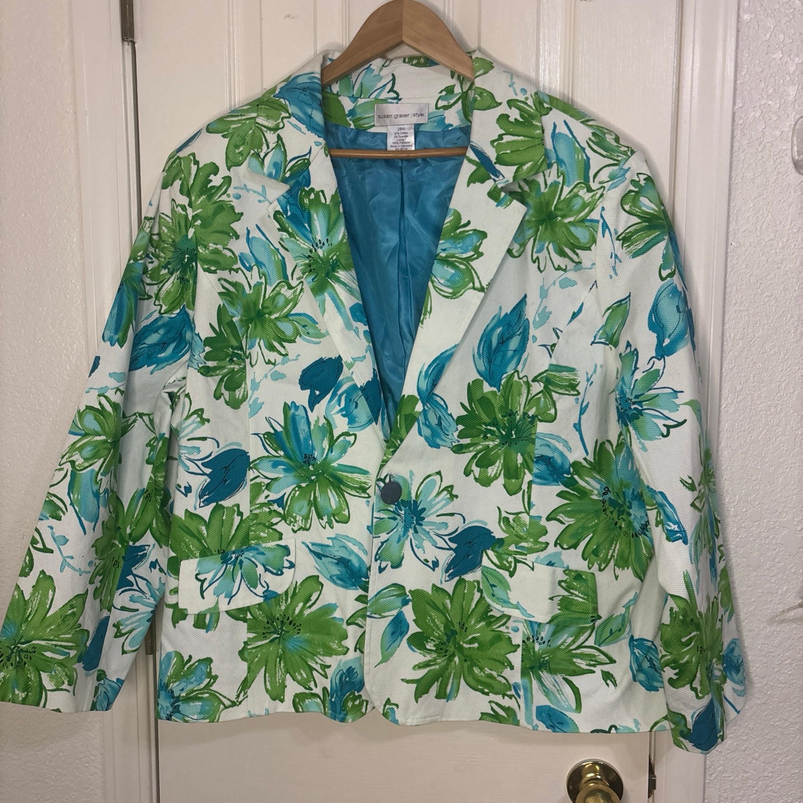 Susan Graver Jacket Womens 28W White Blue Floral Blazer  Office Bright Cruise