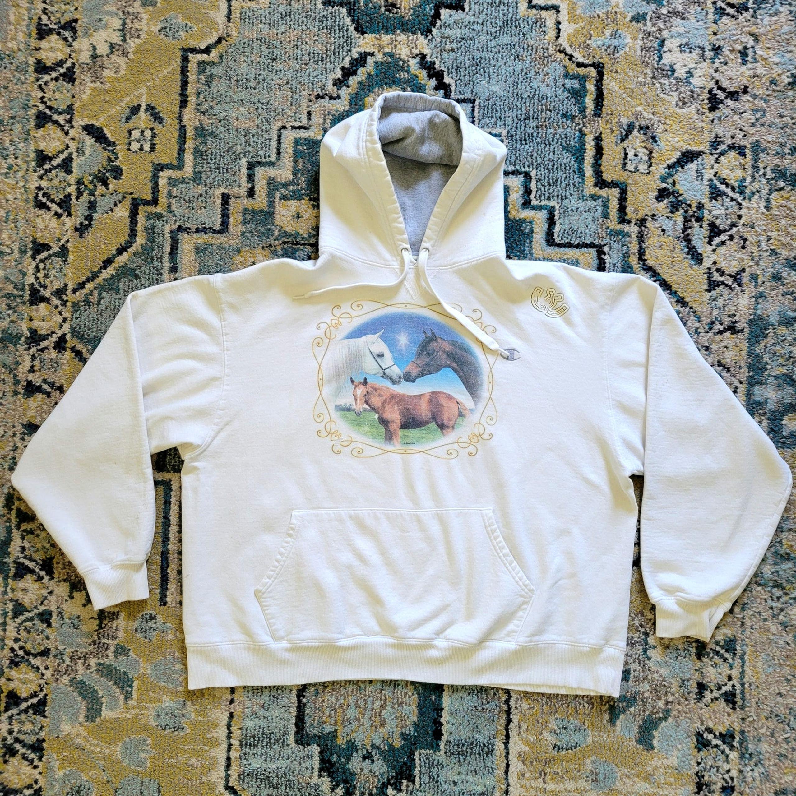 Y2K Champion Hoodie White Magical Horses Heavyweight Cotton