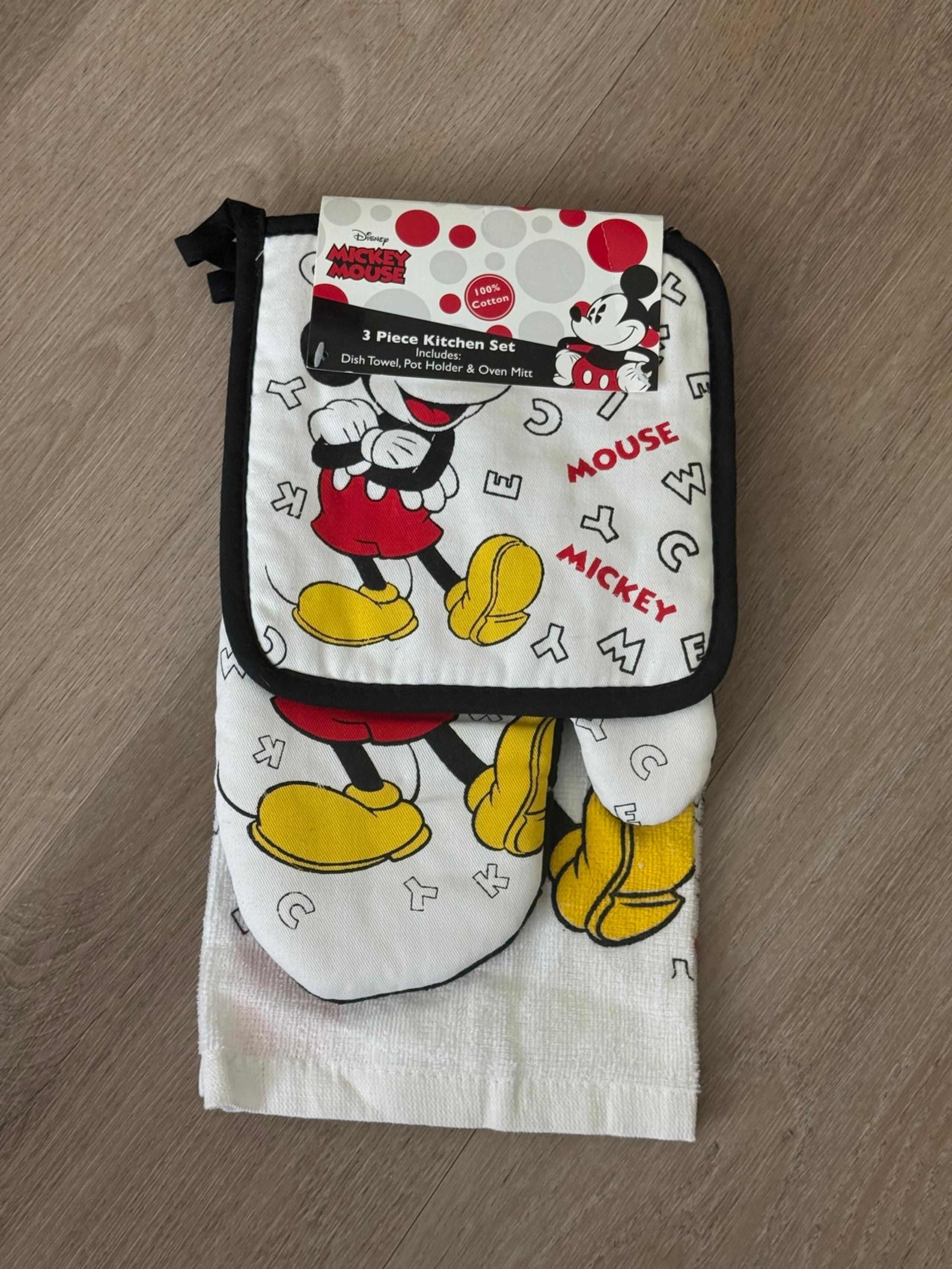 Disney Mickey Mouse 3 Piece Kitchen Set 100% Cotton Towel & Mitt Pot Holder NEW