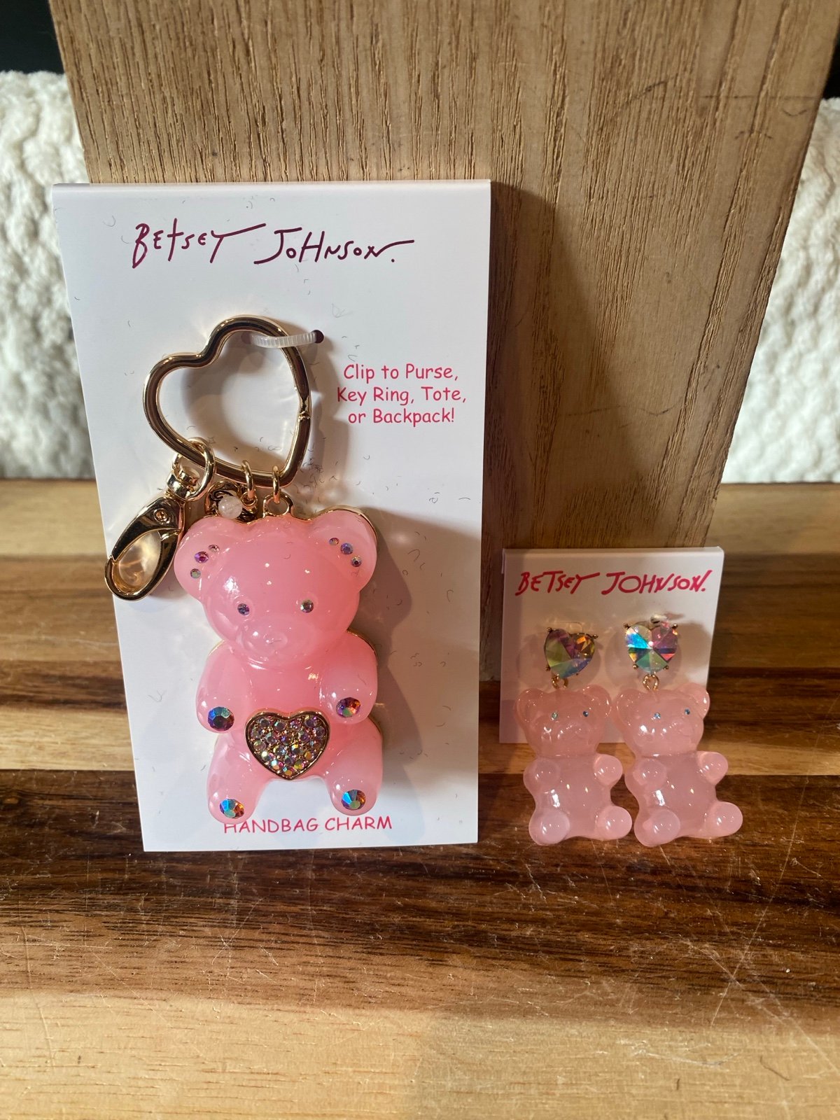 Betsey Johnson Pink gummy bear earrings and bag/cellphone clip