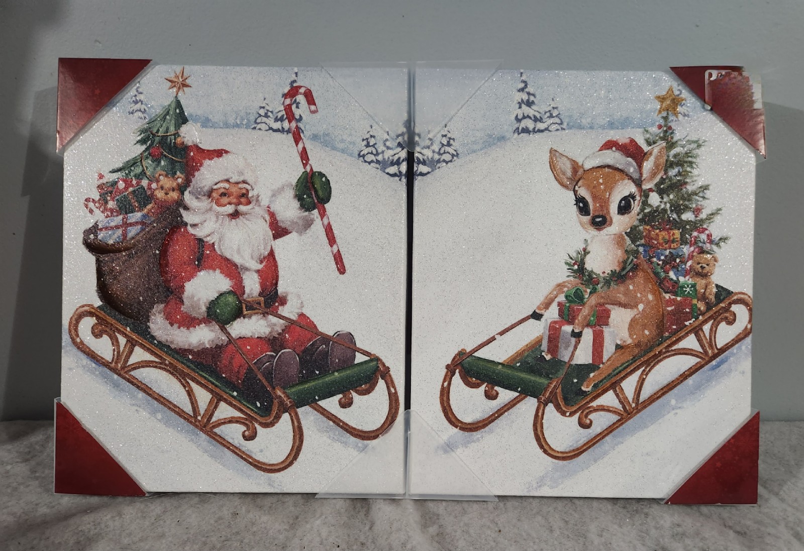 Vintage style santa and reindeer canvas pictures