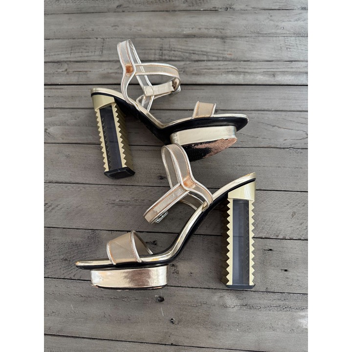 APERLAI Paris Kiara Sandals Gold Black Transparent Vinyl Heels Size 37 7