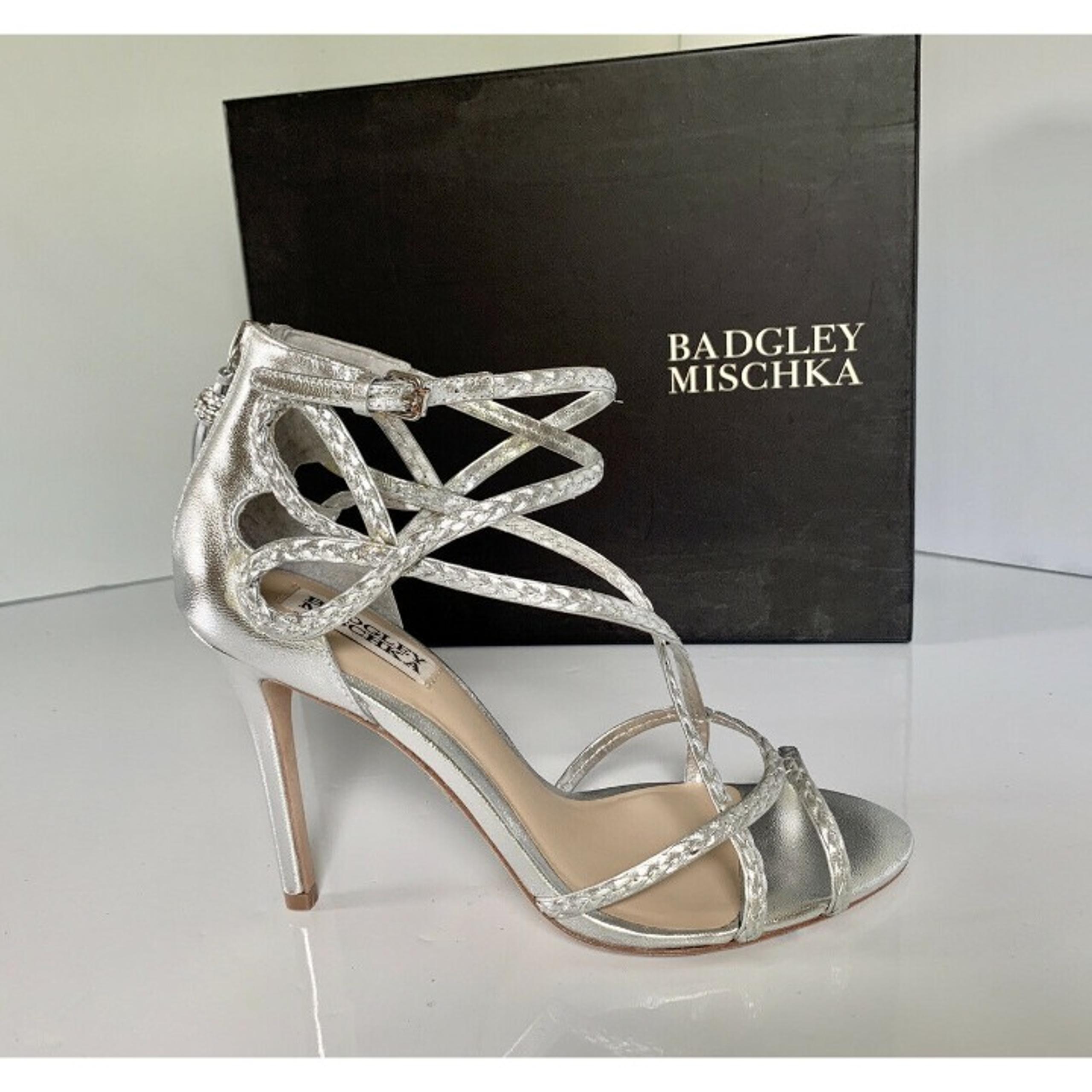 Badgley Mischka Crystal Braided Strap Heel Sandal Metallic Silver Leather US 7.5