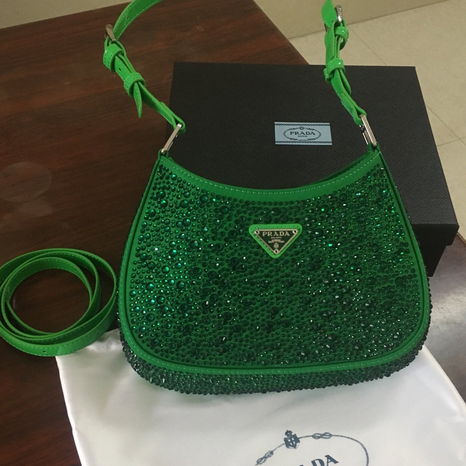 Prada Green Satin Crystal Shoulder Bag