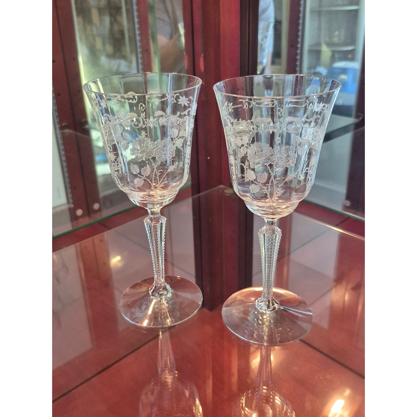 Fostoria Midnight Rose Water Glasses Etched Vintage Fine Quality 1933 Set of 2