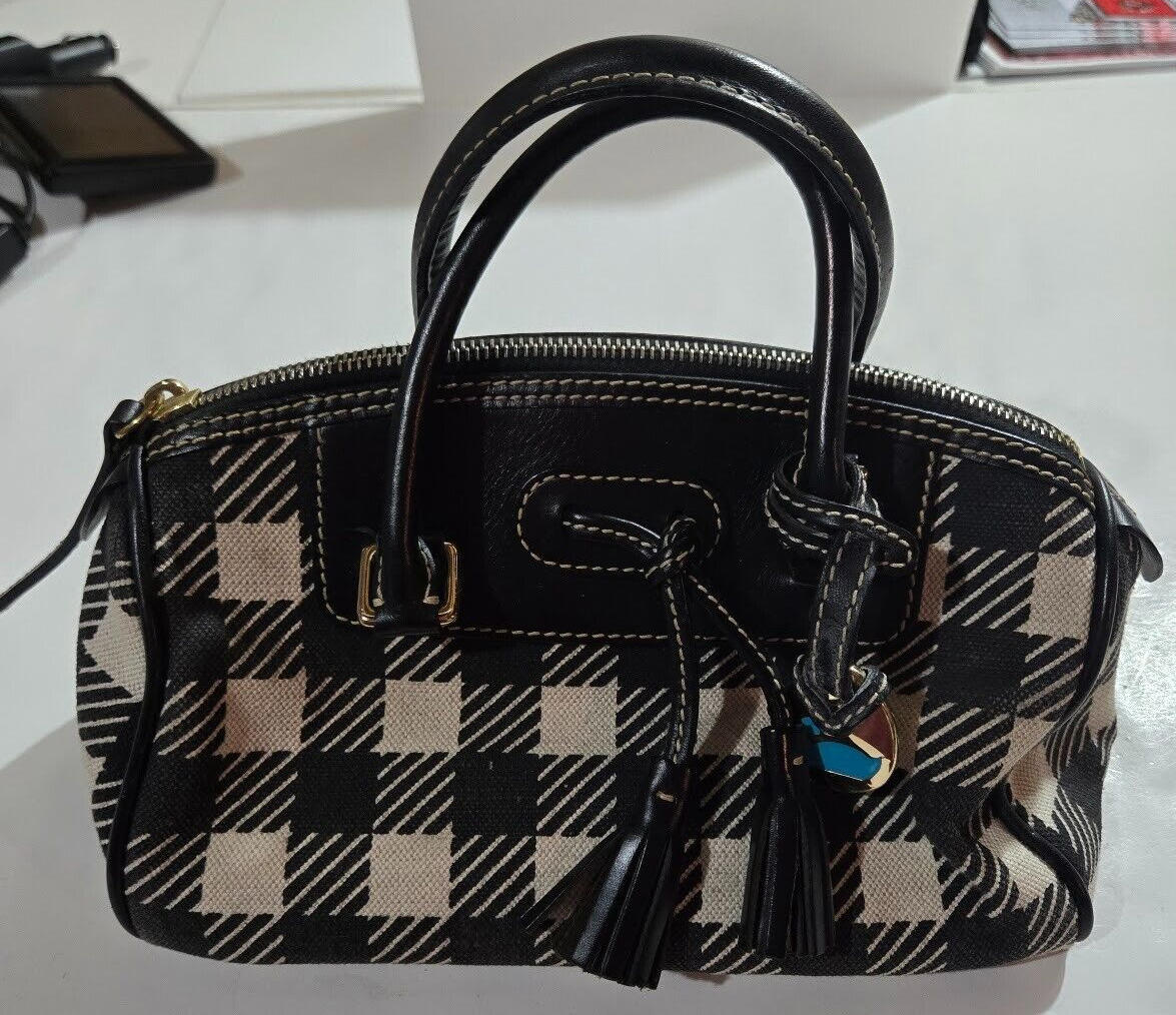 Dooney & Bourke Purse Handbag Black & White Checkered Vintage Duck Charm Tassels