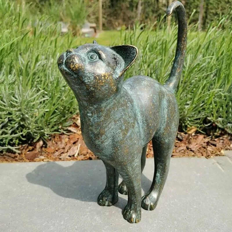 Cat Resin Bronze Lawn Porch Yard Home Garden Outdoor Sculpture Statue Decoration