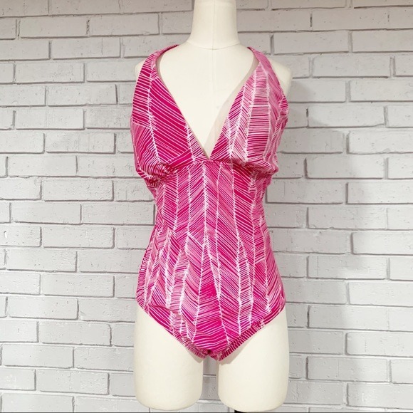 DKNY Pink and White Striped Halter Swimsuit - Size 14
