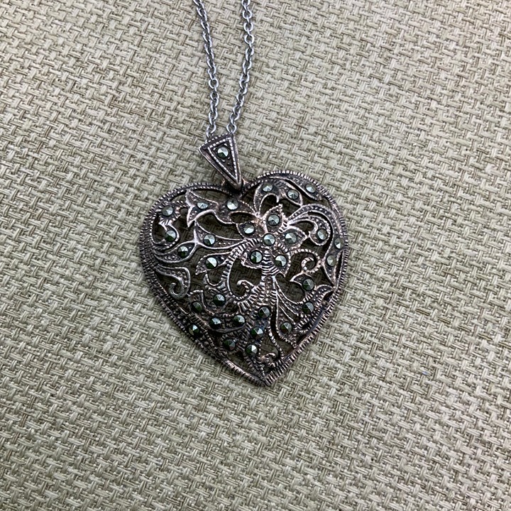 French Design Marcasite Vintage Reticulated Sterling Heart Pendant