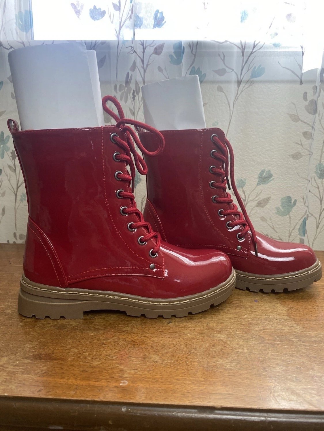 Dirty Laundry List Shiny Red Vinyl Combat Boots Size 6