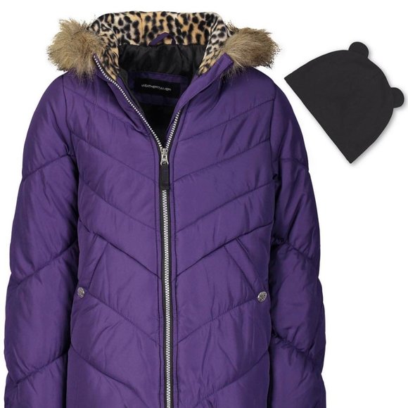 Weathertamer Girls Hooded Puffer Jacket With Faux-Fur Trim & Hat