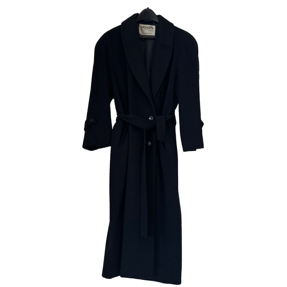 Vintage Jaeger Wool Cashmere Trench Coat Jacket Navy Blue Great Britain Size 8