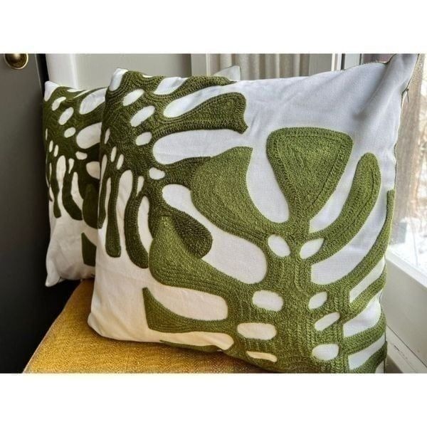 TWO Embroidered Monstera Leaf Throw Pillow Covers 18x18