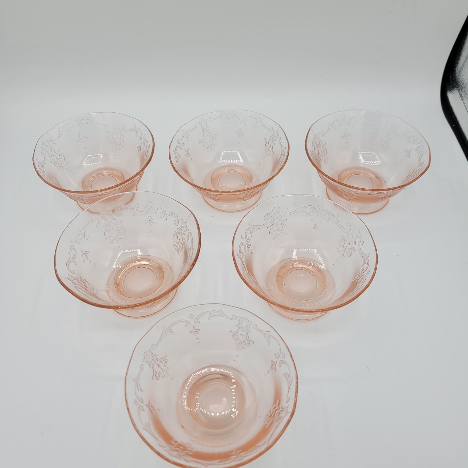 Set Of 6 Pink Depression Glass Compote Sherbet Dessert Dishes Scroll Pattern