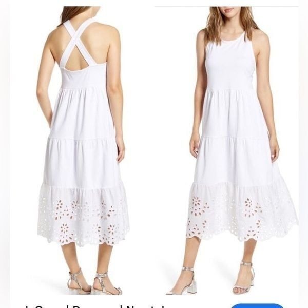 J Crew White Cotton Eyelet Trim Midi Dress | Size S