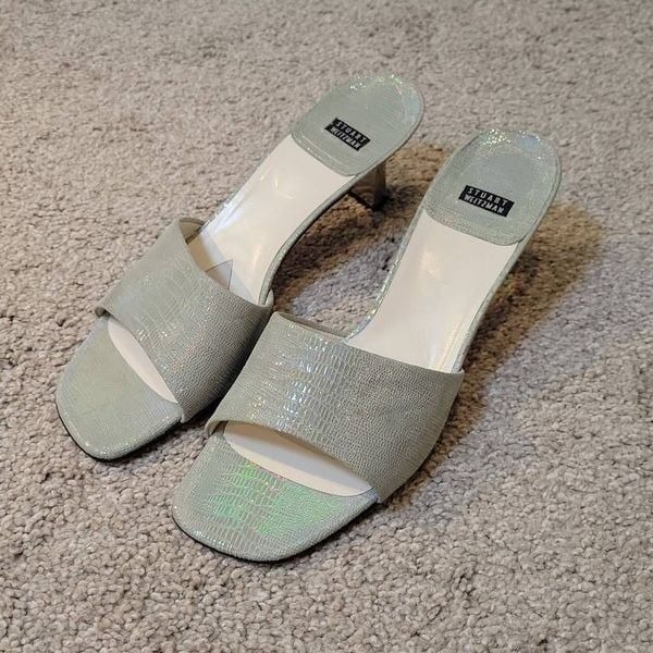 Stuart Weitzman Sandal Women Sz 10 Leather Laser Lizard Heel Shiny Metal