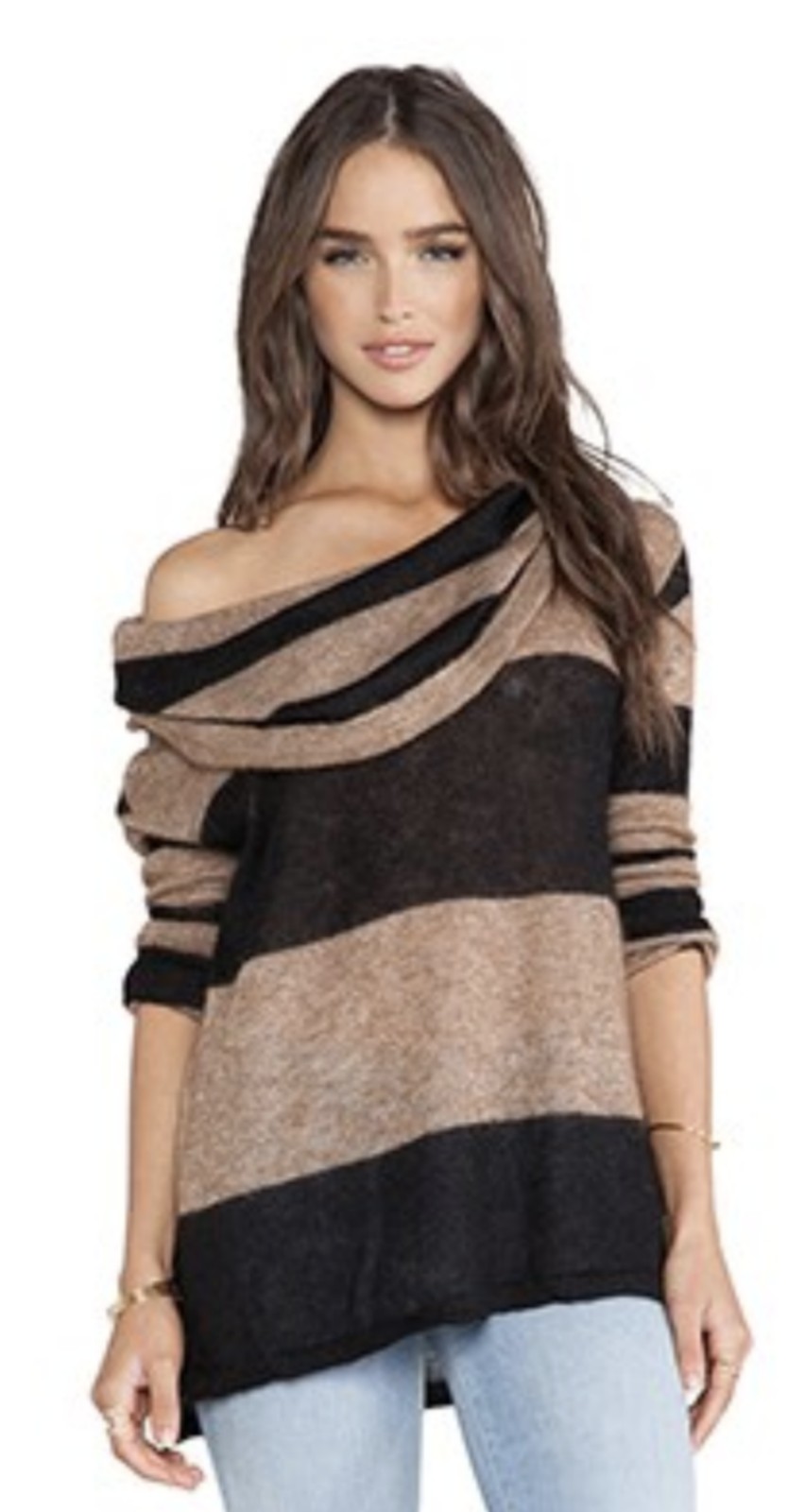 NWOT Free People Rugby alpaca knit cowl neck/off shoulder tan & black horizontal