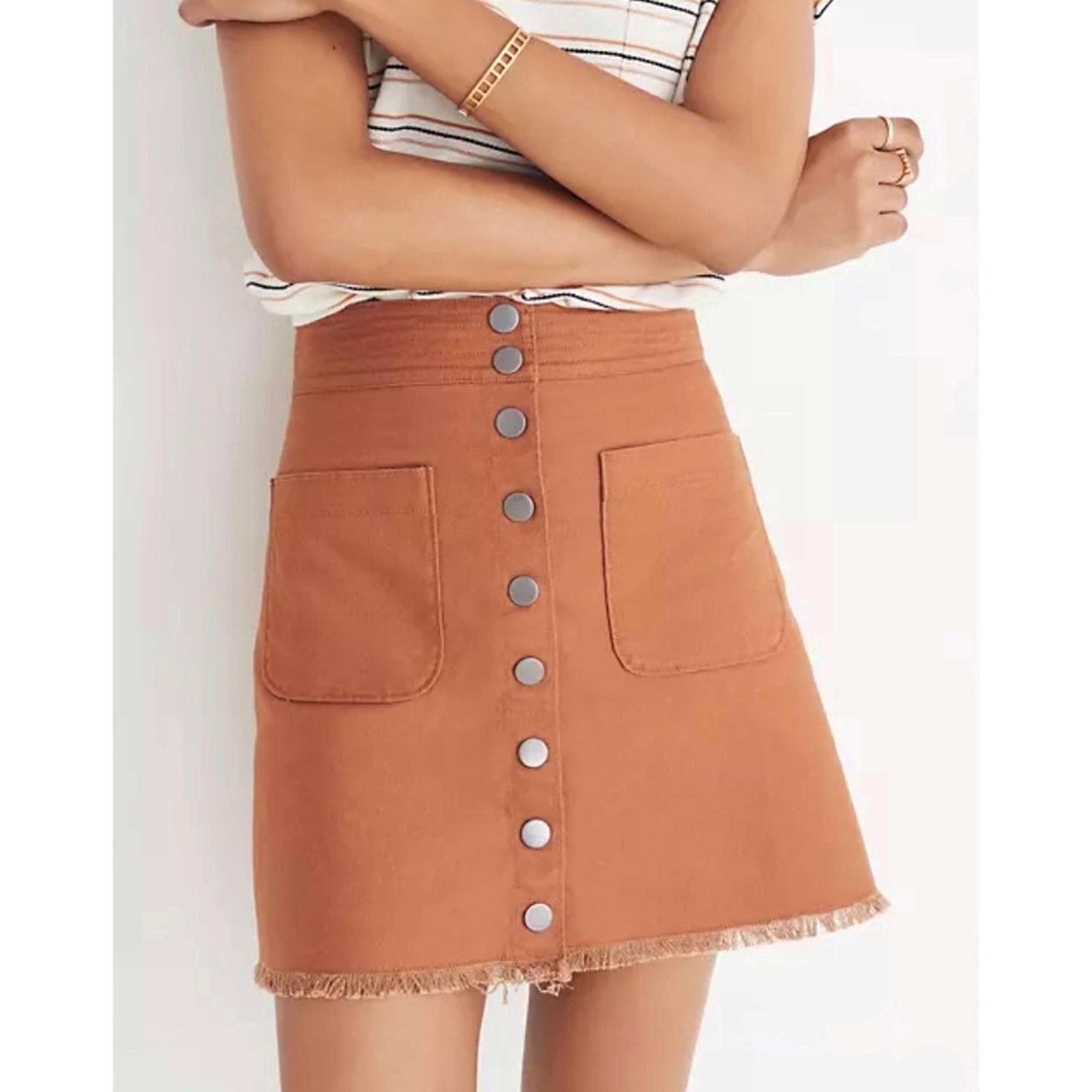 Madewell High Waist Snap Button Skirt Tan Denim Raw Hem Pockets Mini Pencil 2