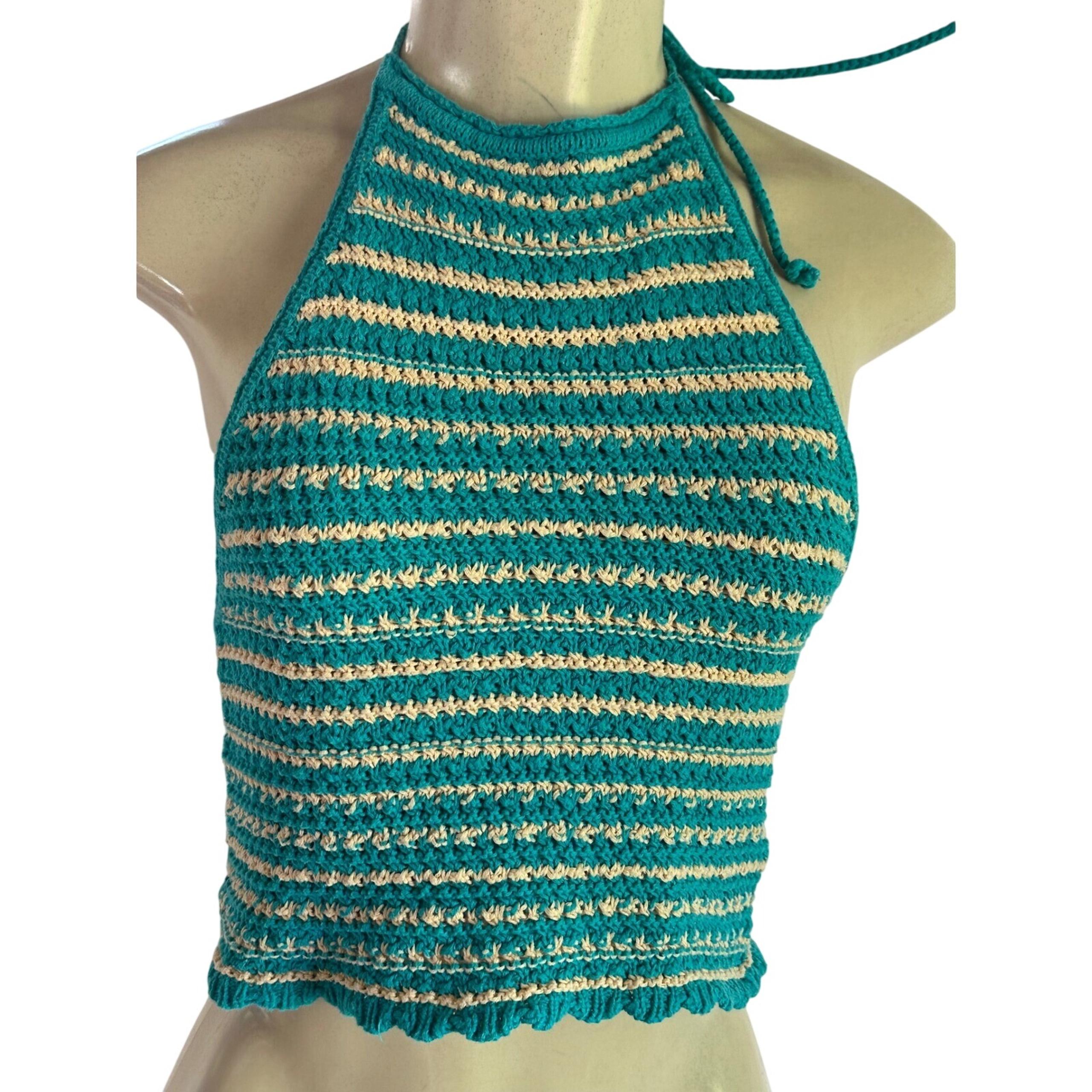 Urban Outfitters Crochet Halter Top Striped Sleeveless Teal Green S-P