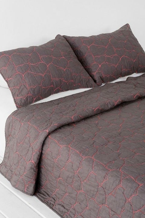 Urban Outfitters Plum & Bow Heart Stitch Woven Cotton Sham Pink Grey