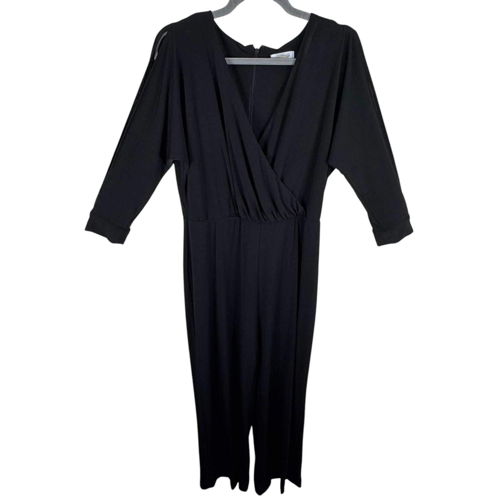 Calvin Klein Black Faux Wrap Ruched 3/4 Slit Sleeve Jersey Knit Jumpsuit Size 10