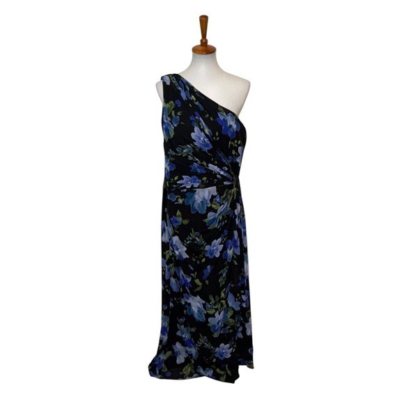 NWT Lauren Ralph Lauren Evening Floral One-Shoulder Dress Black Blue Size 16