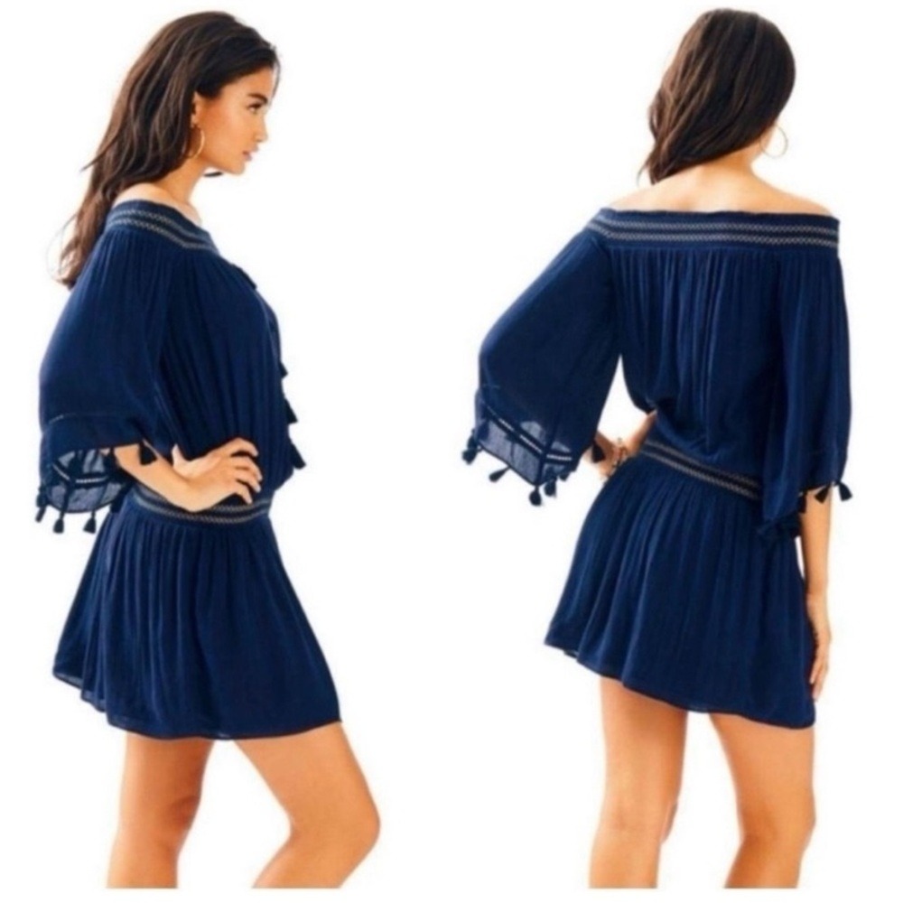 Lilly Pulitzer Navy blue Joelle Off-Shoulder Tunic Dress size small tassels