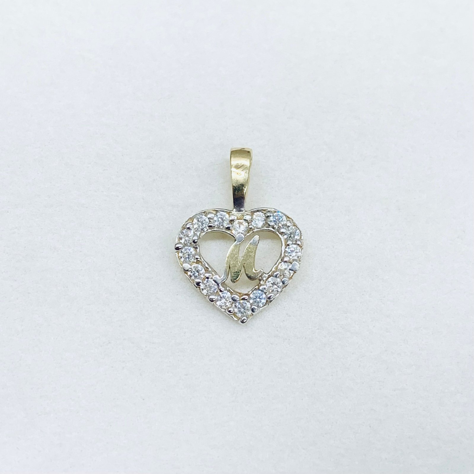 14k Yellow Gold Letter M Alphabet Initial Heart Halo CZ Love Pendant Charm