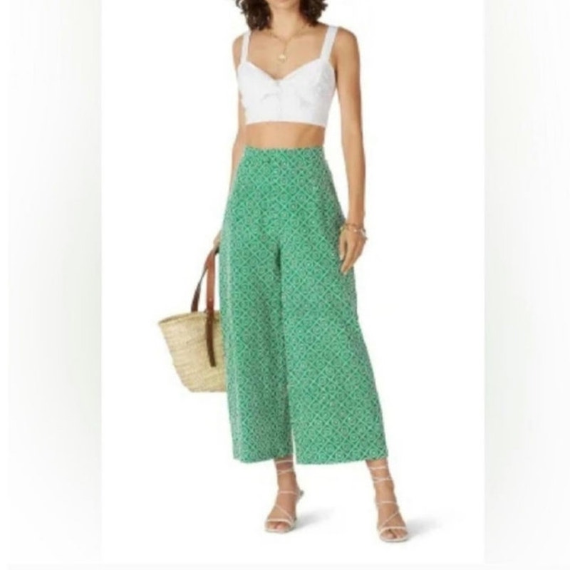 Scotch & Soda Green Broderick Anglaise Trouser Eyelet Crop Wide Leg Pants